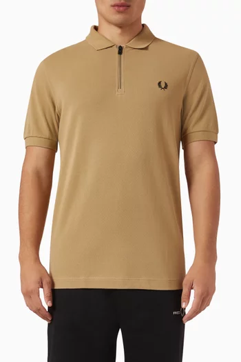 Embroidered Logo Zip Neck Polo Shirt in Cotton
