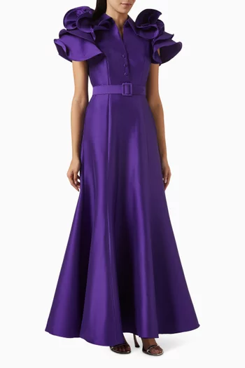 Belted Ruffle-sleeve Gown in Mikado