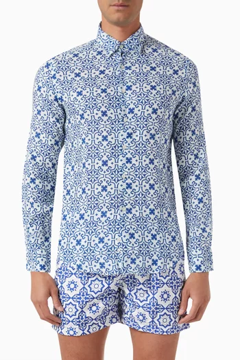 Printed Button-up Shirt in Linen
