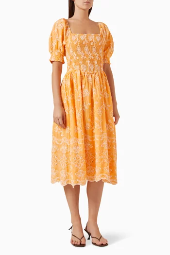 Yasofelia Smocked Midi Dress in Cotton