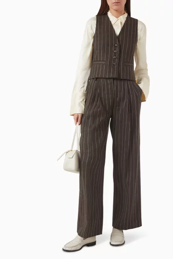 بنطال إنزو بساقين واسعتين وتصميم مخطط مزيج كتان