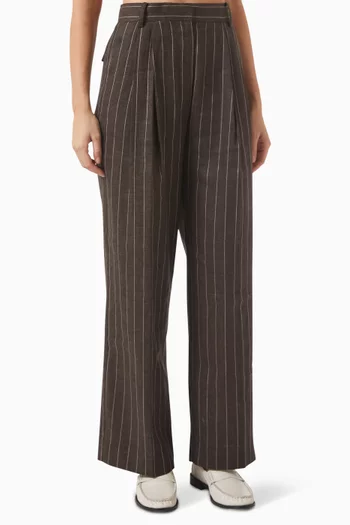 بنطال إنزو بساقين واسعتين وتصميم مخطط مزيج كتان