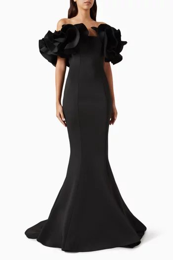 Ruffle Off-shoulder Gown in Scuba