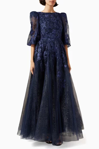 Embroidered Puff-sleeve Gown in Mesh