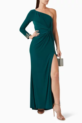 One-sleeve Beaded Cuff Twist Gown in Jersey