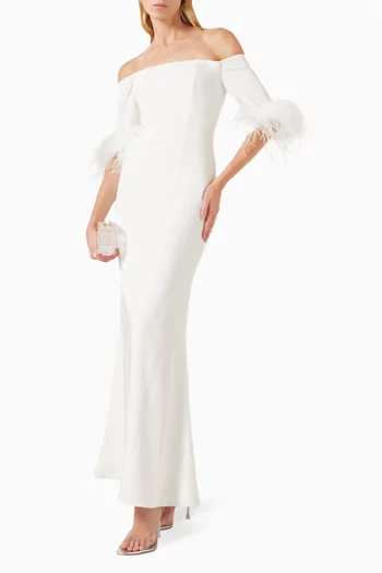 Feather-trim Off-shoulder Column Gown in Taffeta