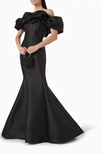One-shoulder Ruffle Gown in Taffeta