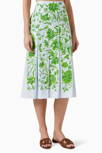 Floral-print Pinstripe Midi Skirt in Cotton