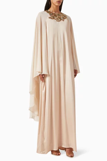 Embellished Cape Maxi Dress in Satin