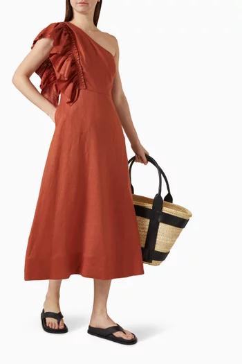 One-shoulder Ruffled Midi Dress in Linen