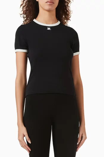 تي شيرت بشعار الماركة وحواف بلون مغاير قطن