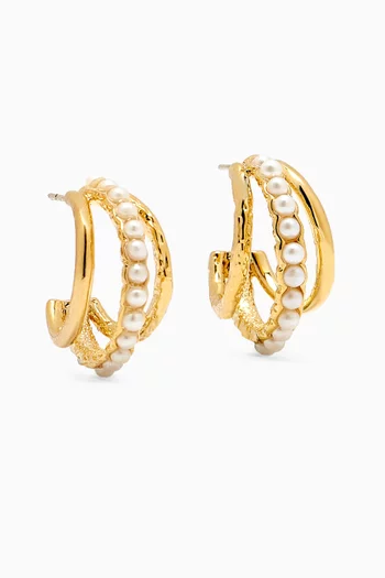 Triple Hoop Pearl Earrings in Plated Brass