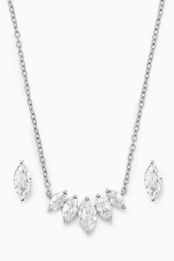 Marquis CZ Necklace & Stud Earrings Set in Rhodium-plated Brass