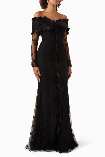 Off-shoulder Ruffle Gown in Lace