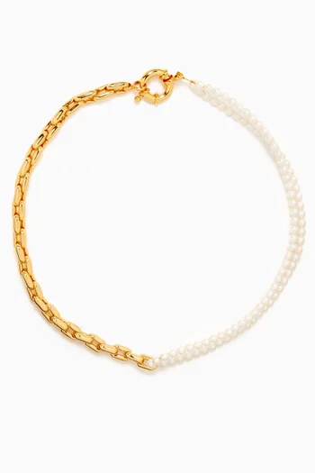 Pearl & Chain-link Necklace in 14kt Gold-plated Brass