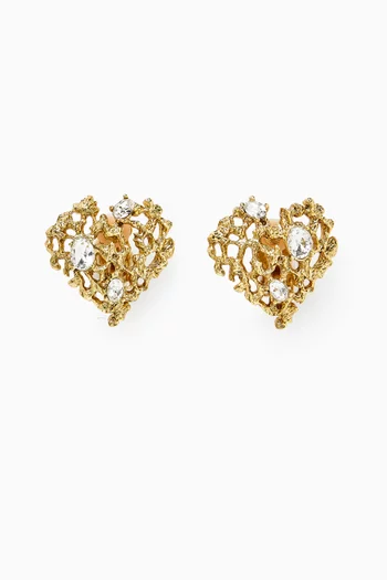 Coral Heart Crystal Clip Earrings in Brass