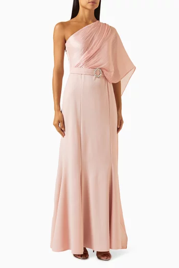 One-shoulder Belted Maxi Dress in Crepe & Tissue Organza