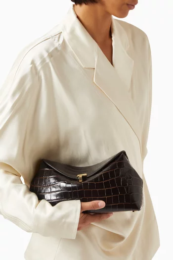 T-lock Clutch in Croc-embossed Leather