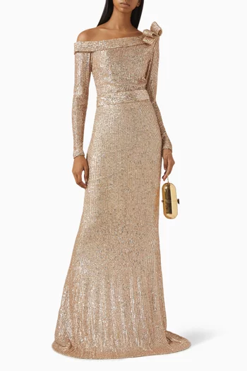 Sequin-embellished One-shoulder Gown
