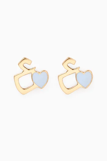 Arabic Letter 'Ein' Heart Charm Stud Earrings in 18kt Yellow Gold