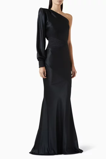 DON'T LOOK NOW GOWN- FULLY LINED BIAS CUT GOWN WITH SINGLE BILLOW CUT SLEEVE, SHOULDER ACCENT, STITCHED WAIST AND CUFF:BLK:6|217412058