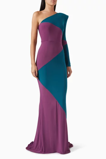 AHEAD OF THE GAME GOWN- FULLY LINED ONE SLEEVE JERSEY GOWN WITH CONTRAST PANELS & SHOULDER ACCENTS:MULTI:2|217411930