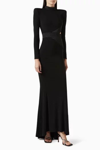MESSAGE TO LOVE GOWN- FULLY LINED LONG SLEEVE JERSEY GOWN WITH STITCHED SATIN PANELS, SIDE BACK OPENING AND SHOULDER ACCENTS:BLK:8|217411945