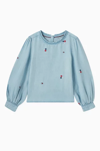 Floral-embroidered Blouse in Chambray