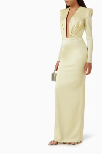 Ruched V-Neck Maxi Dress in Satin Crepe