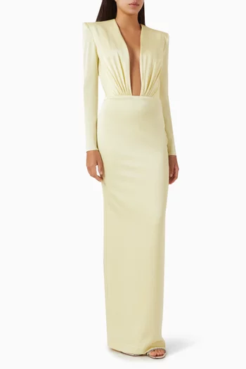Ruched V-Neck Maxi Dress in Satin Crepe