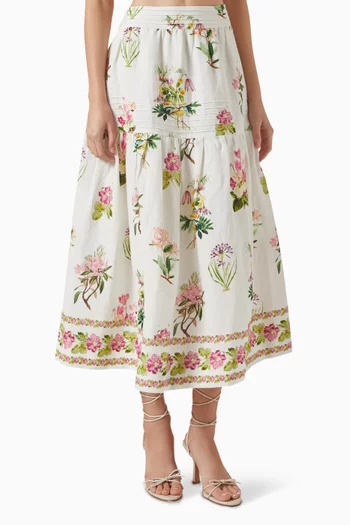 Taha Floral-print Midi Skirt in Linen-cotton