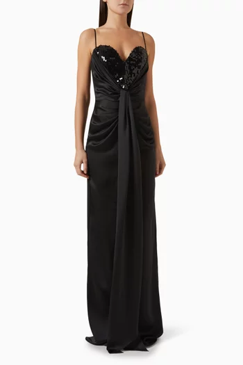 Sequin Sleeveless Gown in Satin Crepe