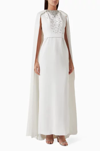 فستان طويل بكاب وتطريزات كريب