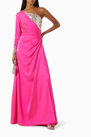 Mirror-embelished One-shoulder Gown