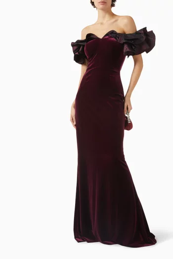 فستان سهرة بأشرطة كشكش مخمل مطاطي