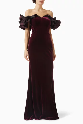 فستان سهرة بأشرطة كشكش مخمل مطاطي