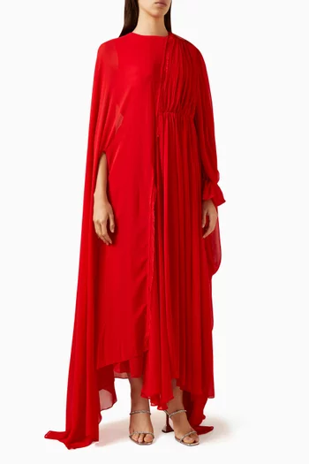 Pleated Long-sleeve Maxi Dress