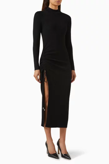 Ruched Midi Dress in Stretch Wool-blend
