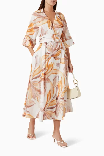 فستان متوسط الطول بحزام ونقشة زهور