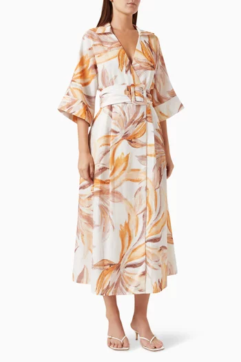 فستان متوسط الطول بحزام ونقشة زهور