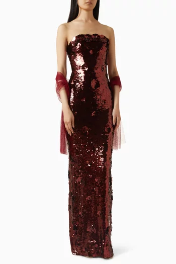 فستان سهرة بلا حمالات بتطريزات بالترتر