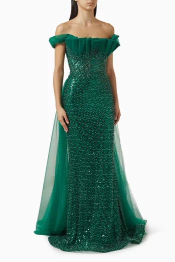 Bead-embellished Off-shoulder Gown