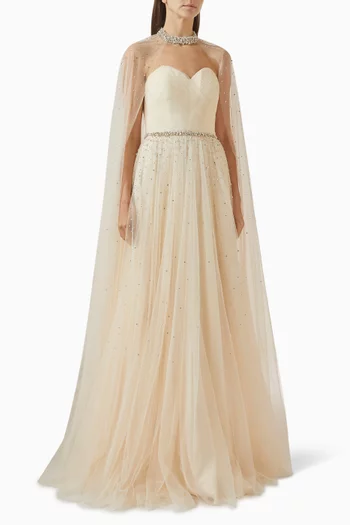 Bead-embellished Cape Gown in Tulle
