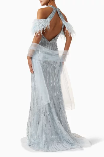 Off-shoulder Beaded Gown in Tulle