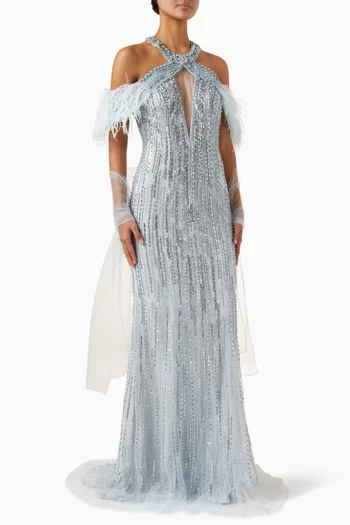 Off-shoulder Beaded Gown in Tulle