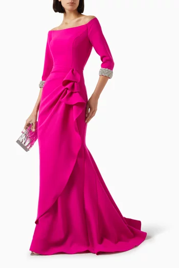Rhinestone Off-shoulder Gown in Crepe
