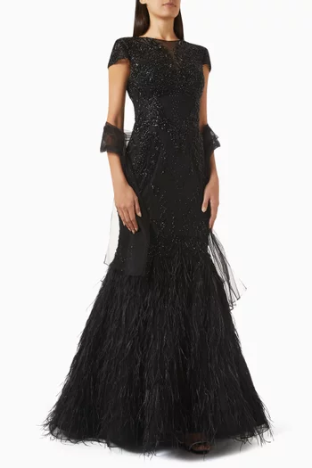 Embellished Feather-hem Gown