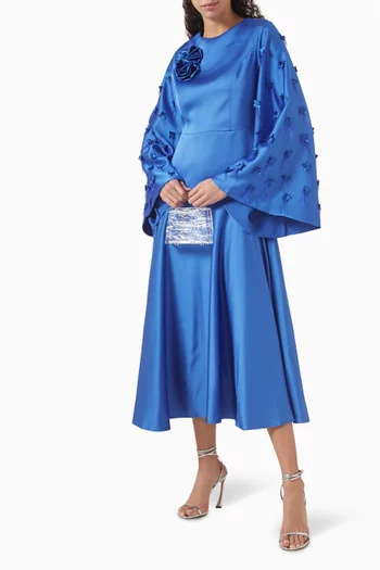 فستان متوسط الطول بزهور بارزة ستان