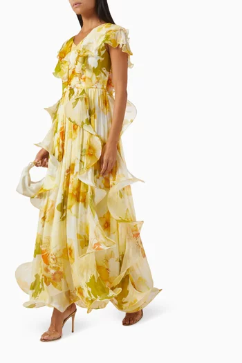 فستان طويل مزين بكشكش ونقشة شيفون