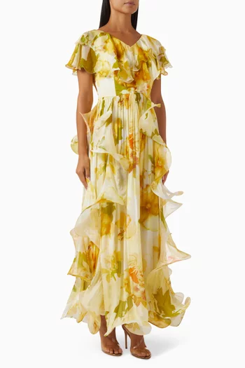 فستان طويل مزين بكشكش ونقشة شيفون